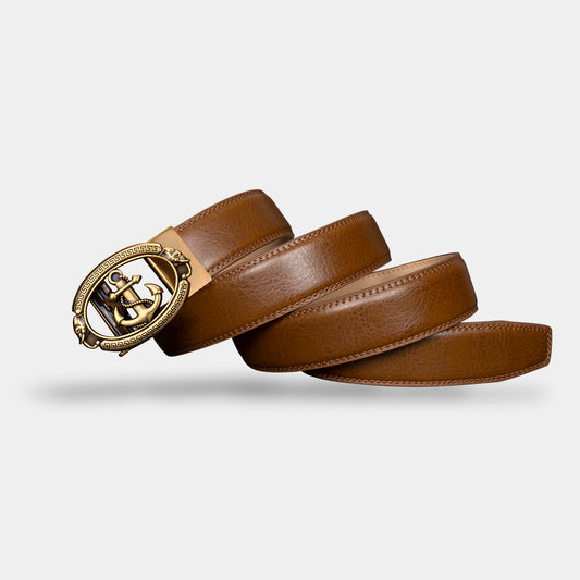 VEGETABLE TANNED 100% LEATHER BELT WITH BRONZE BUCKLE - ANCHOR