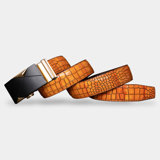 TORTOISE CRACK VEGETABLE TANNED 100% LEATHER BELT WITH GEOMETRIC BUCKLE - 619