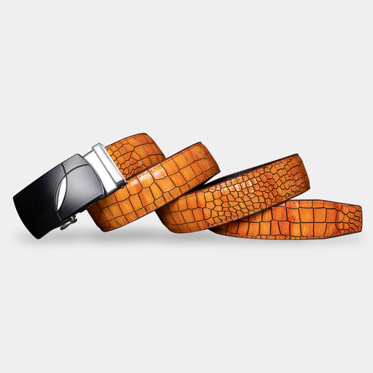 TORTOISE CRACK VEGETABLE TANNED 100% LEATHER BELT WITH GEOMETRIC BUCKLE - 612