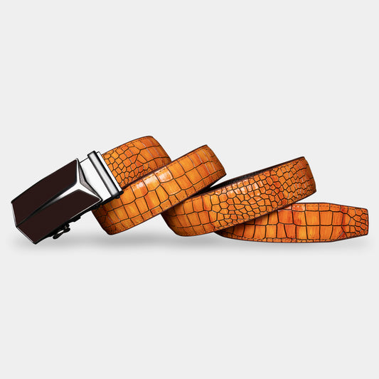 TORTOISE CRACK VEGETABLE TANNED 100% LEATHER BELT WITH GEOMETRIC BUCKLE - 650658198693_BLA