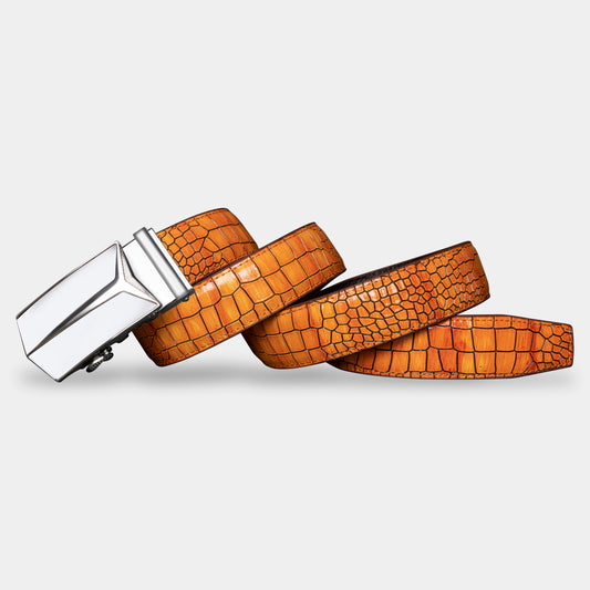 TORTOISE CRACK VEGETABLE TANNED 100% LEATHER BELT WITH GEOMETRIC BUCKLE - 650658198693_WHI