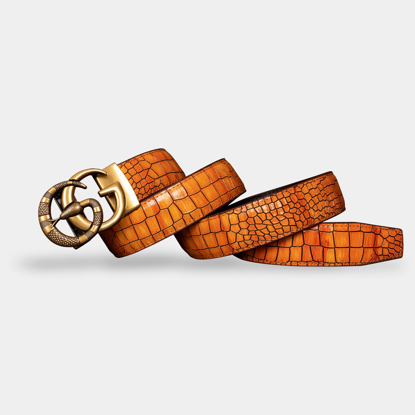 TORTOISE CRACK VEGETABLE TANNED 100% LEATHER BELT WITH BRONZE BUCKLE - SNAKE