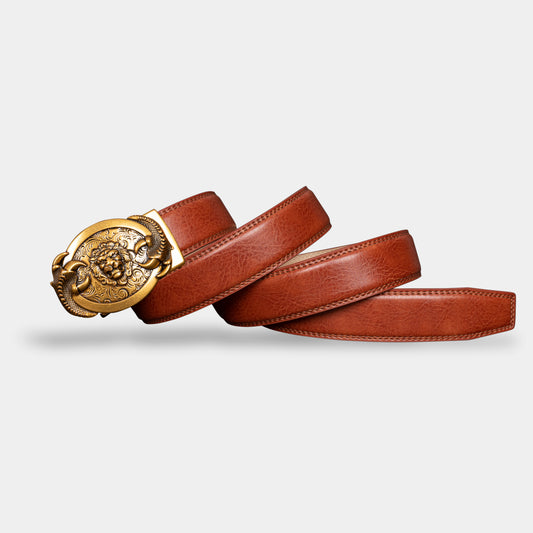 VEGETABLE TANNED 100% LEATHER BELT WITH BRONZE BUCKLE - LION