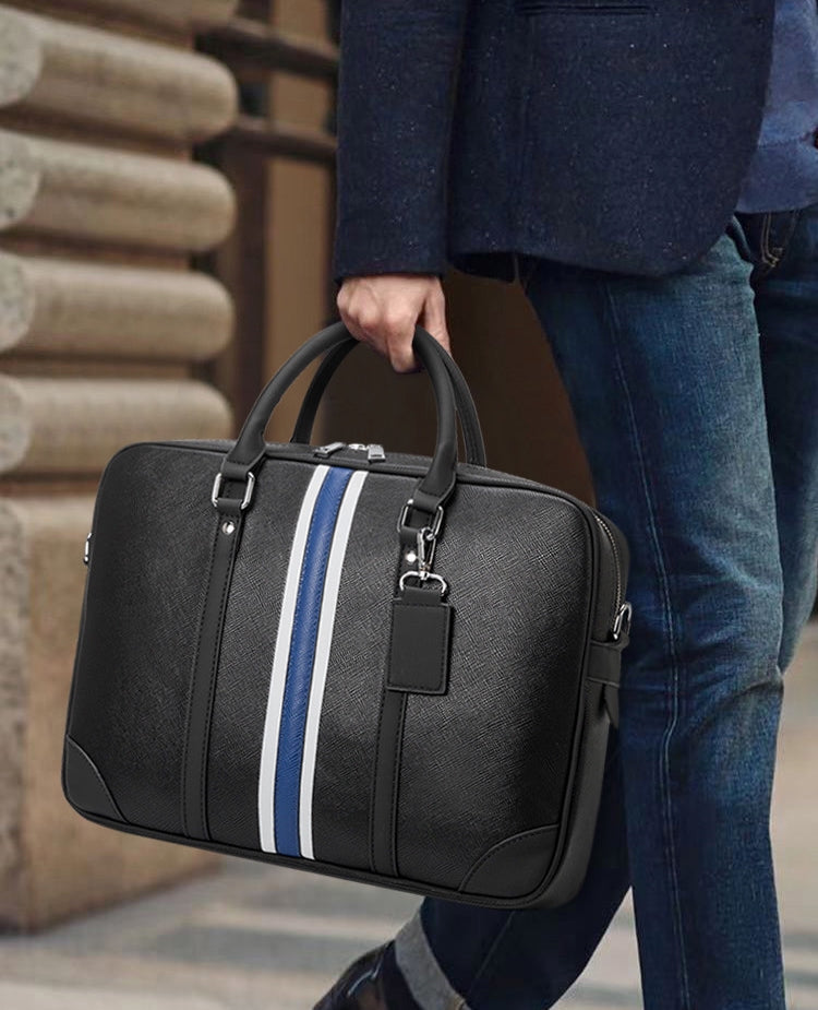 STRIPE PATTERN LEATHER LAPTOP BAG - BLUE