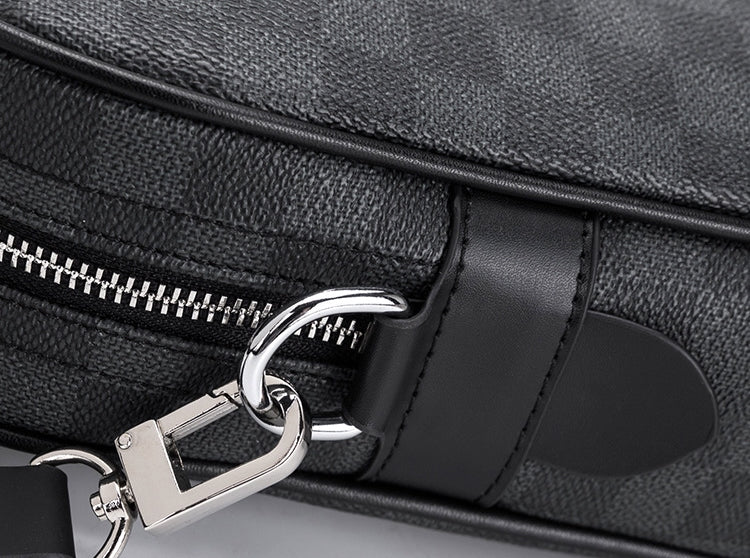 CHECK PATTERNED LEATHER LAPTOP BAG - BLACK