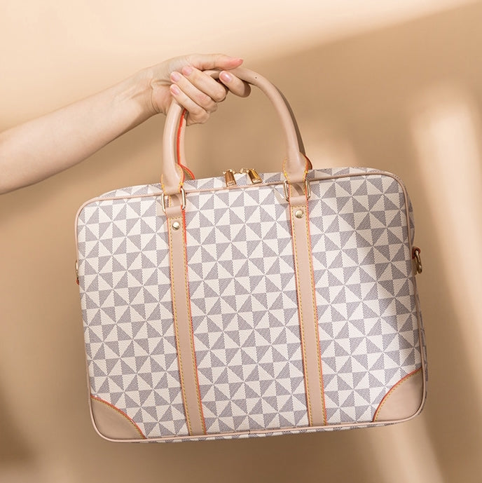 TRIANGLE PATTERN LEATHER LAPTOP BAG - BEIGE