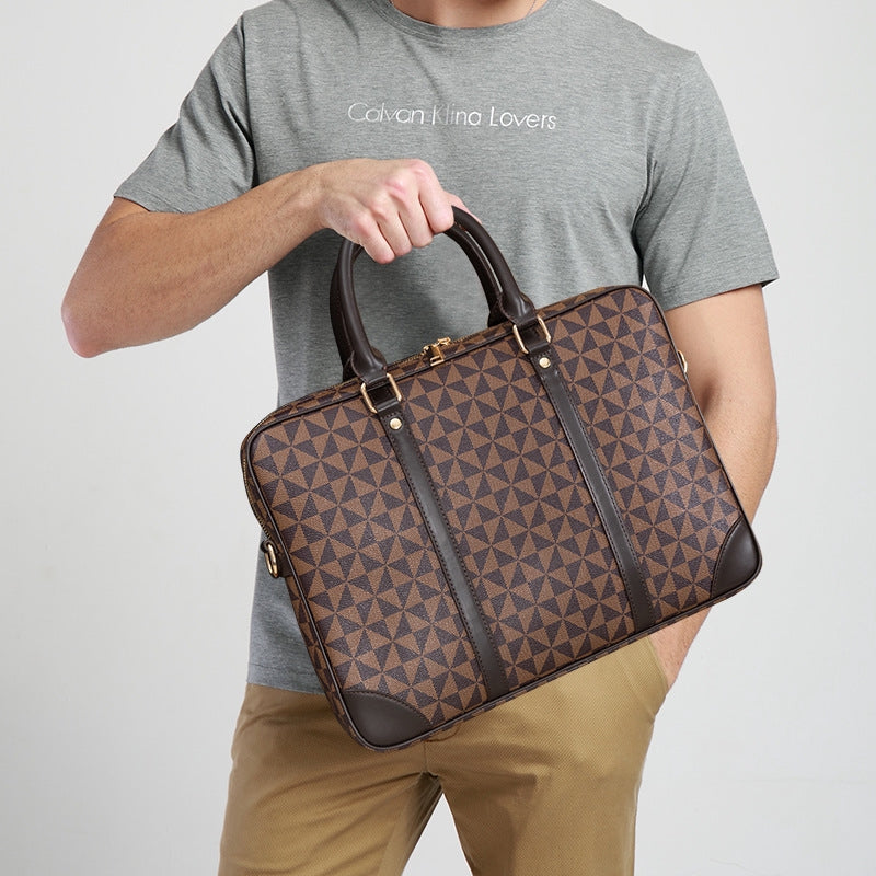 TRIANGLE PATTERNED LEATHER LAPTOP BAG - BROWN