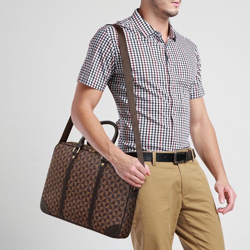 TRIANGLE PATTERNED LEATHER LAPTOP BAG - BROWN