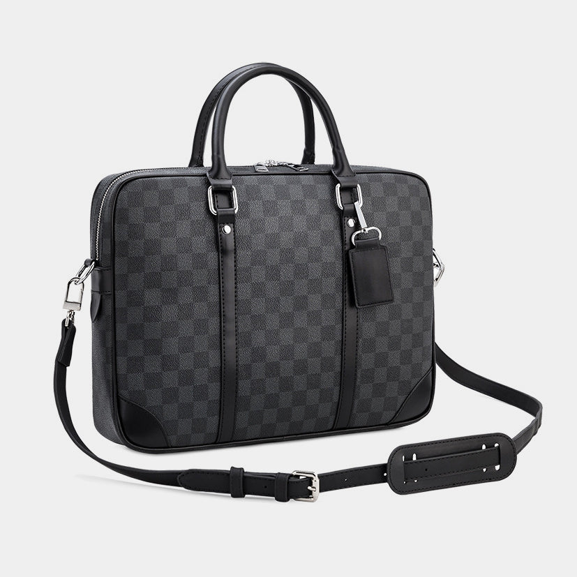 CHECK PATTERNED LEATHER LAPTOP BAG - BLACK