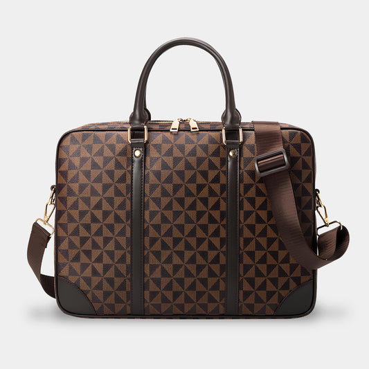 TRIANGLE PATTERNED LEATHER LAPTOP BAG - BROWN