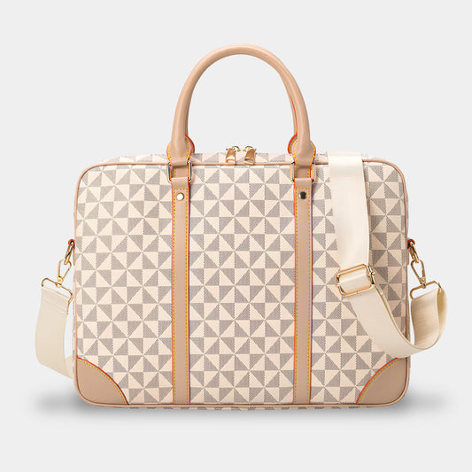 TRIANGLE PATTERN LEATHER LAPTOP BAG - BEIGE