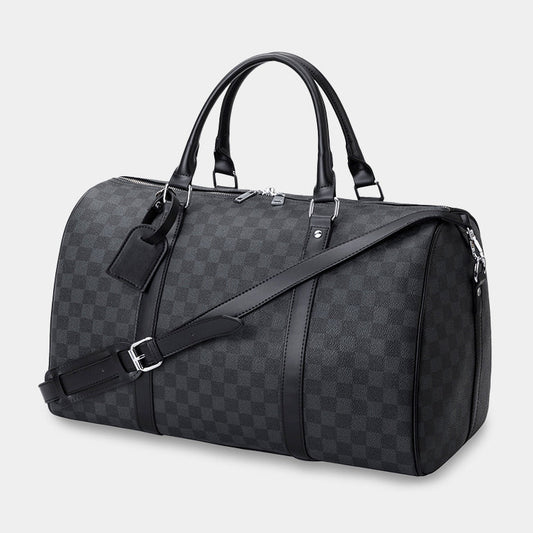 CHECK PATTERNED LEATHER DUFFLE BAG - BLACK