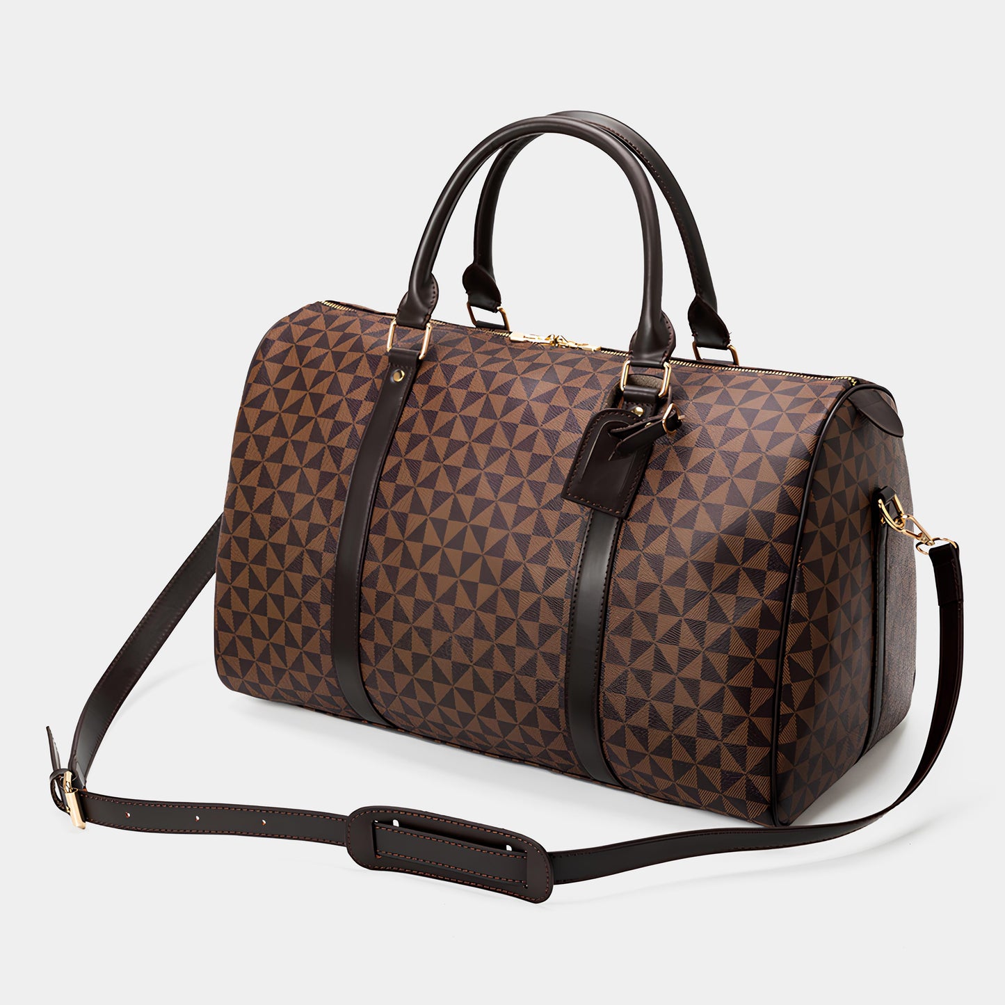 TRIANGLE PATTERNED LEATHER DUFFLE BAG - BROWN