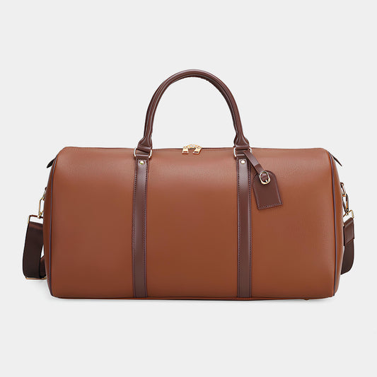 SOLID COLORED LEATHER DUFFLE BAG - BROWN